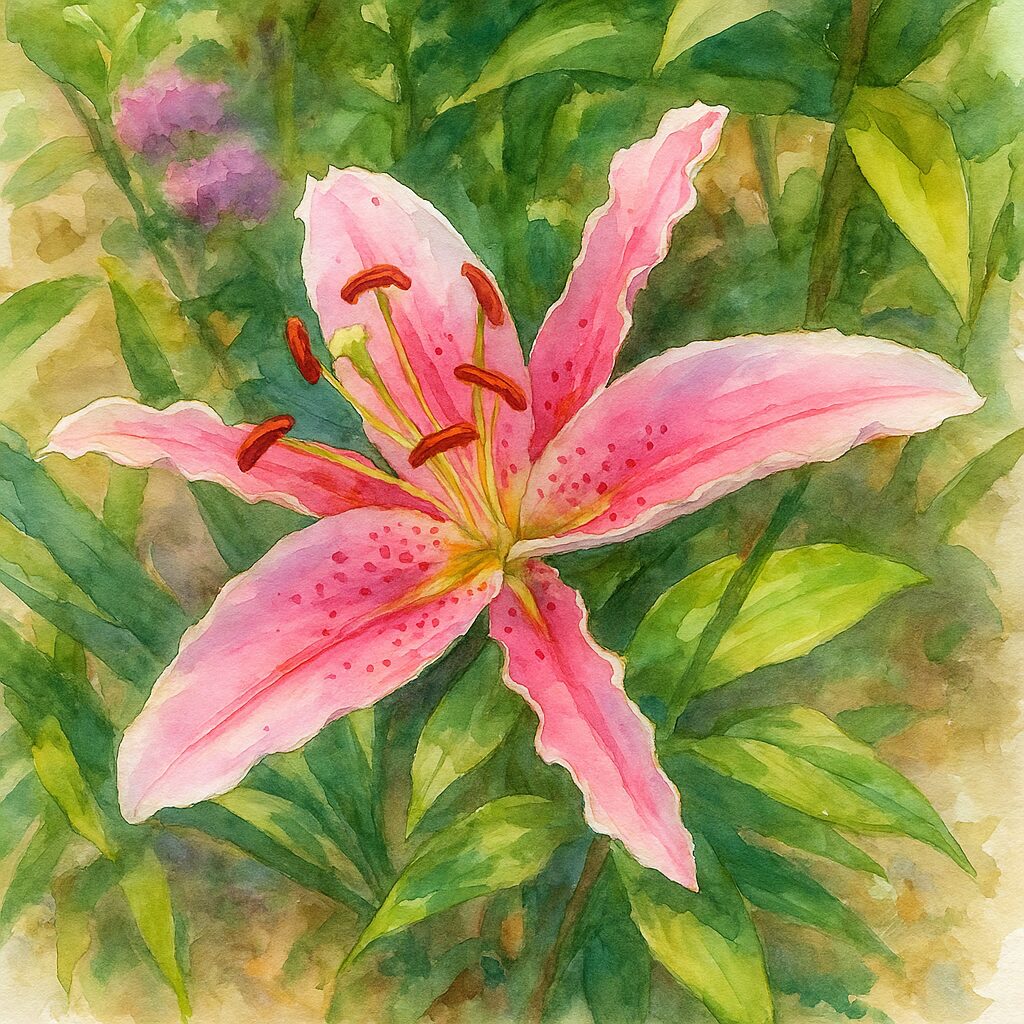 ピンクのユリ(オリエンタルリリー)を上から見た構図で描いた水彩画風イラスト。柔らかな筆致で花びらの斑点や雄しべを表現
