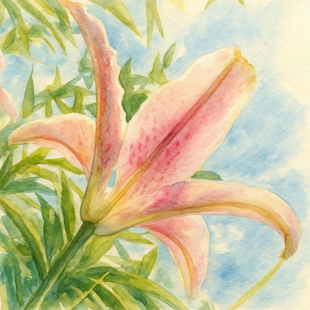 青空を背景にピンクのユリ(オリエンタルリリー)を下から見上げた構図で描いた水彩画風イラスト。反り返る花びらと柔らかな筆致が特徴