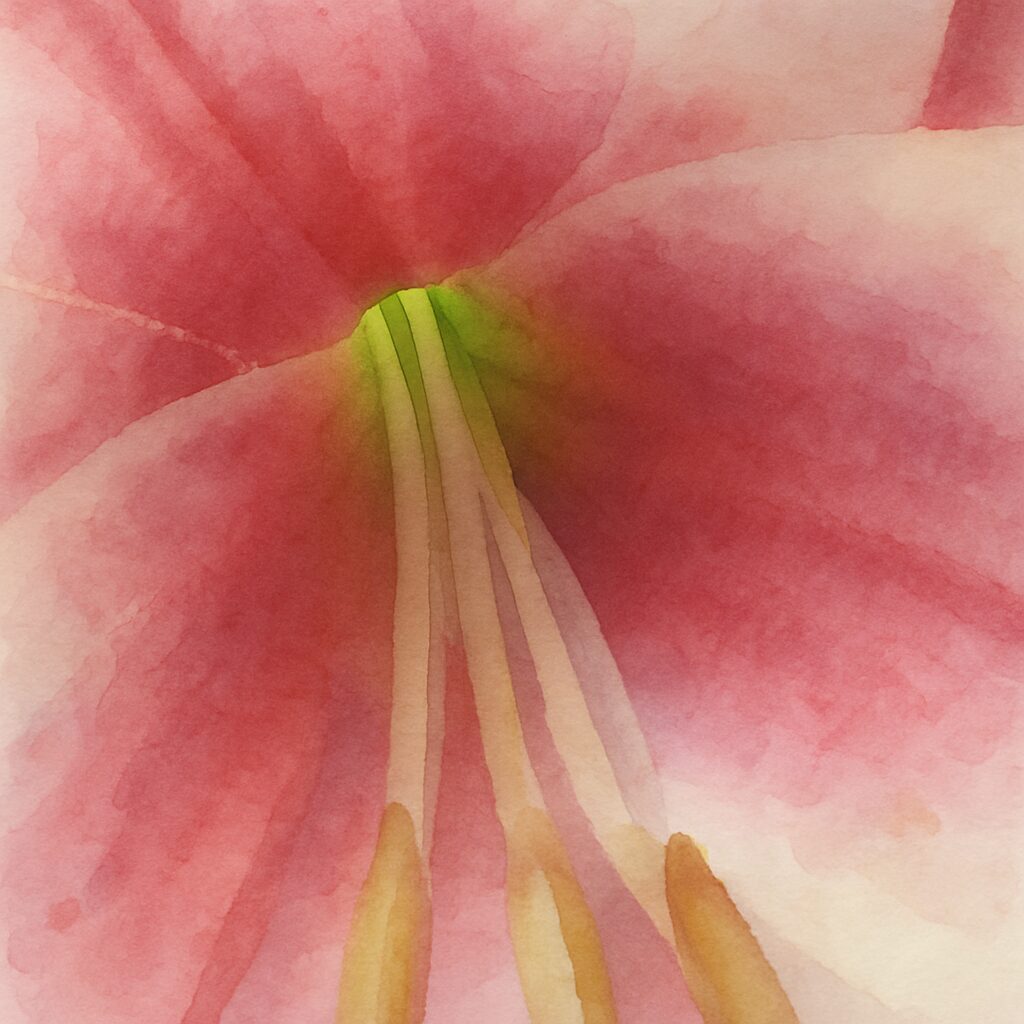 ピンク色のユリの花の中心部を柔らかな筆致で描いた水彩画風イラスト。花筒の黄緑色の輝きと花柱の流れが幻想的に表現されている