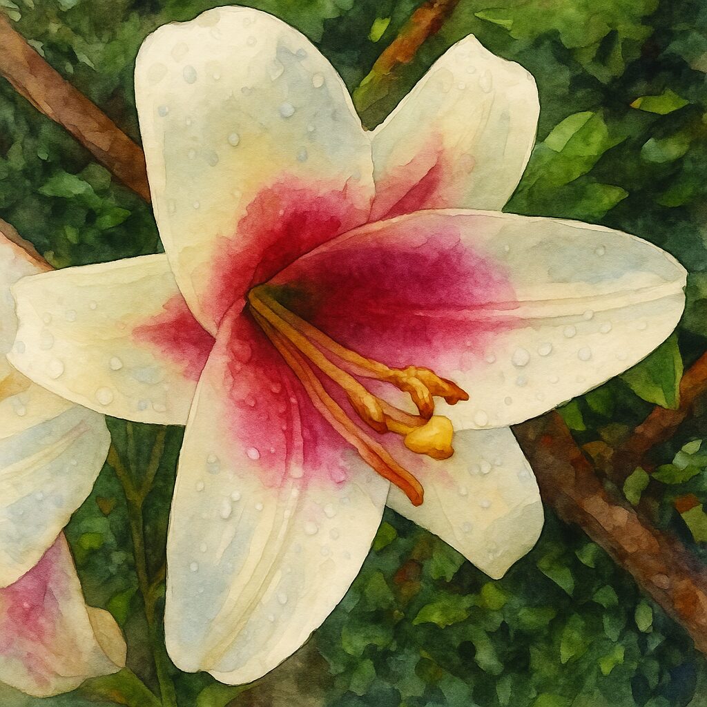 雨に濡れた白とピンクのユリの花を柔らかい筆致で描いた水彩画風イラスト。花びらの水滴と花芯のディテールが幻想的に表現されている