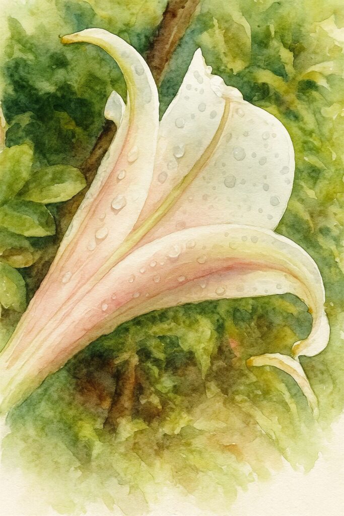 白と淡いピンクのユリの花を後ろ側から描いた水彩画風イラスト。花びらの曲線と水滴の透明感が柔らかい筆致で表現されている