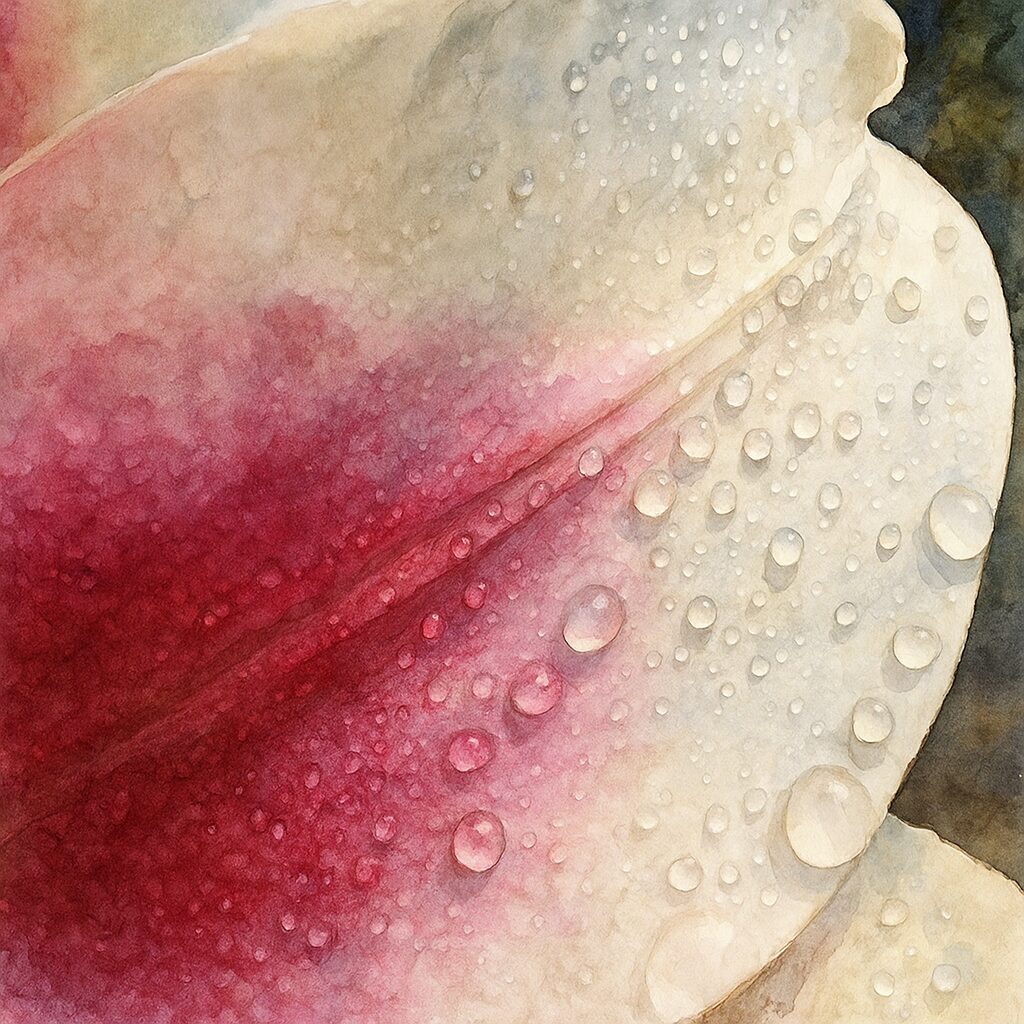 白とピンクのユリの花びらを描いた水彩画風イラスト。雨粒の透明感と柔らかな色のにじみが繊細なタッチで表現されている