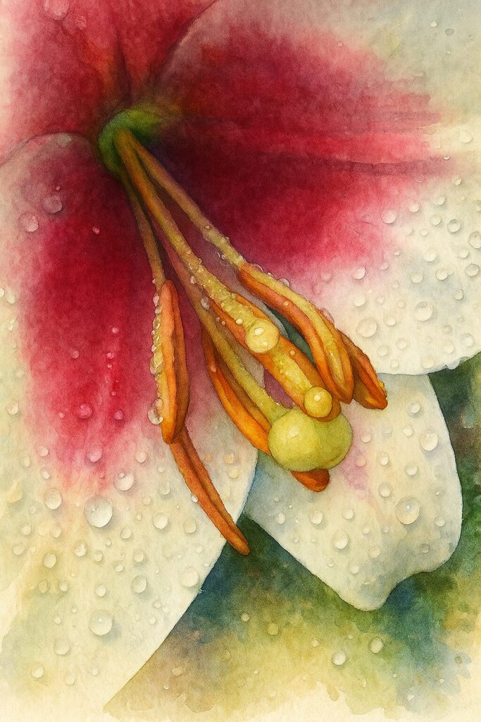 白とピンクのユリの花芯を描いた水彩画風イラスト。雨粒をまとった雄しべと柱頭が柔らかな筆致で描かれ、淡い色のにじみが幻想的に表現されている