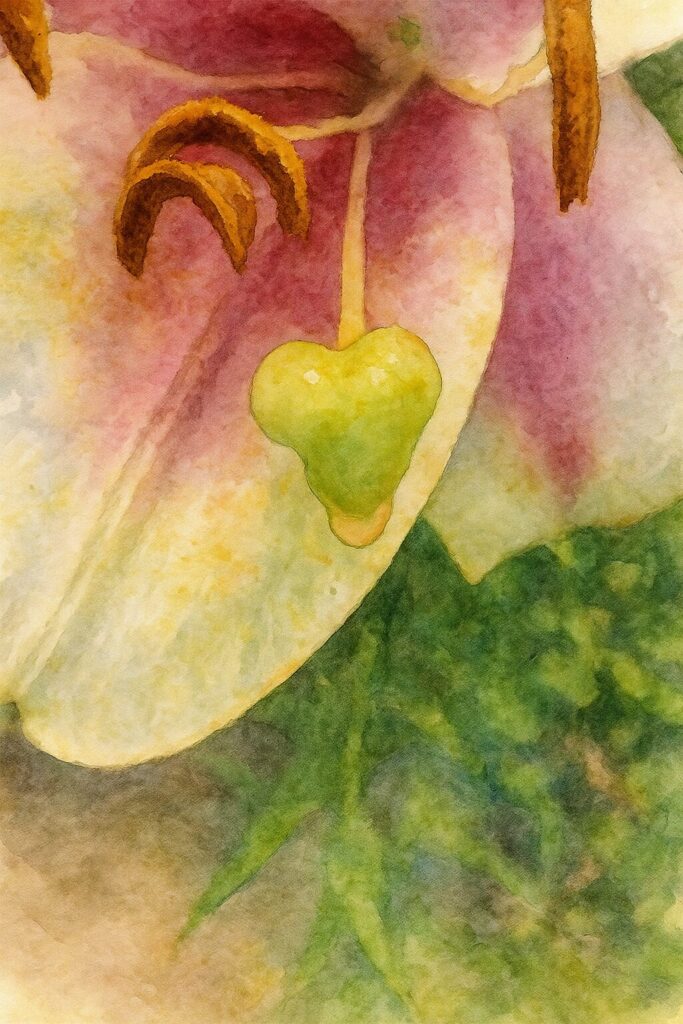 白とピンクのユリの花芯を描いた水彩画風イラスト。ハート形に見える黄緑色の柱頭と、雨粒をまとった雄しべが柔らかな筆致で表現されている