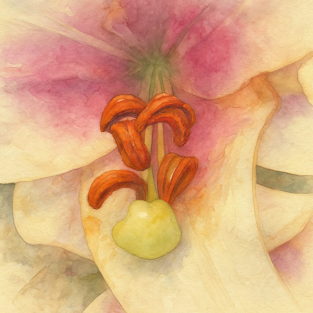 白とピンクのユリの花芯を描いた水彩画風イラスト。花粉で色づいた雄しべと黄緑色の柱頭が柔らかな筆致で表現され、淡い色のにじみが美しく広がる