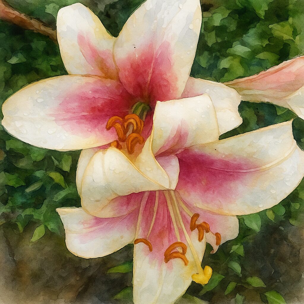 白とピンクのユリを描いた水彩画風イラスト。雨粒をまとった花びらのにじみや雄しべの色合いが柔らかなタッチで表現されている