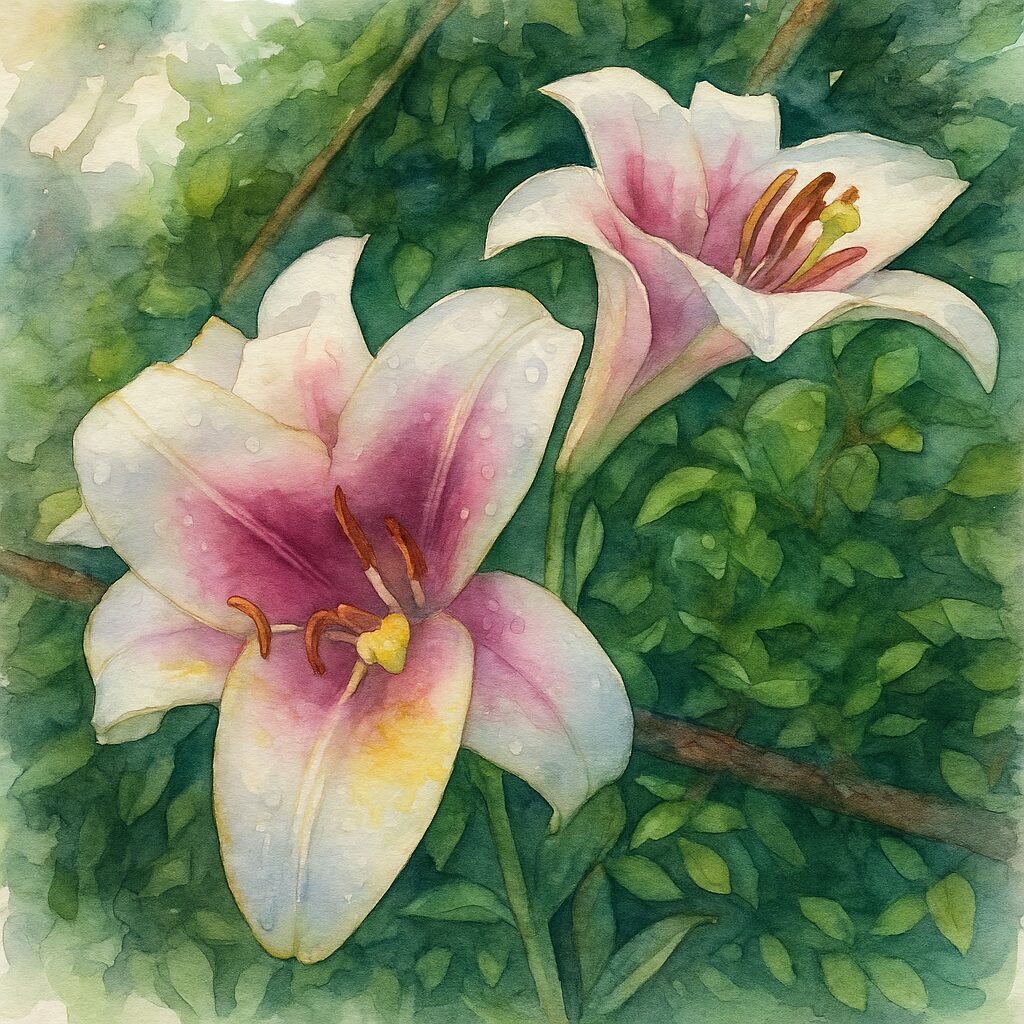 白とピンクのユリが2輪並ぶ姿を描いた水彩画風イラスト。雨粒を含んだ花びらのにじみや雄しべの柔らかな色彩が繊細に表現されている