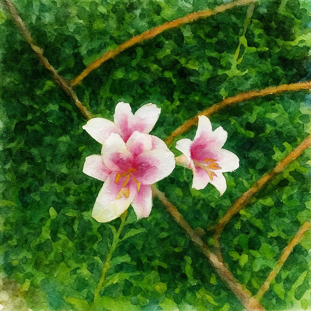 白とピンクのユリが3輪並ぶ姿を描いた水彩画風イラスト。雨粒を含んだ花びらの柔らかなにじみと、濃い緑の背景が優しい色合いで表現されている