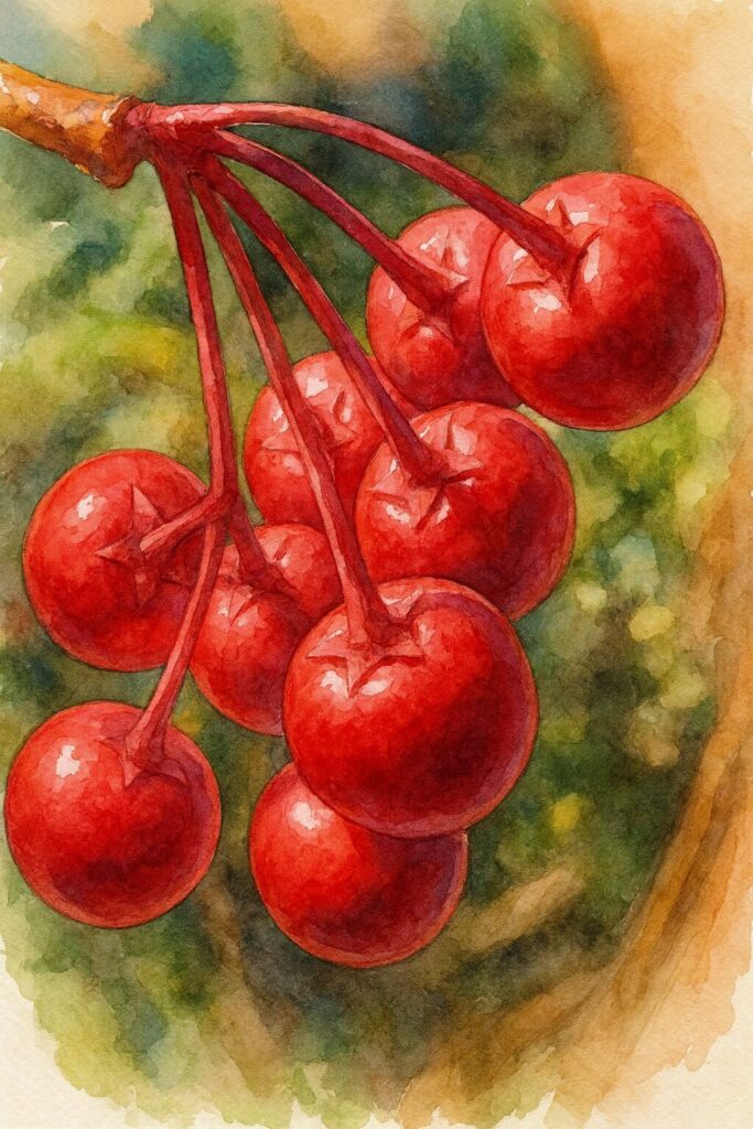 光沢のある赤いマンリョウの実を水彩画風に描いたイラスト（接写構図）