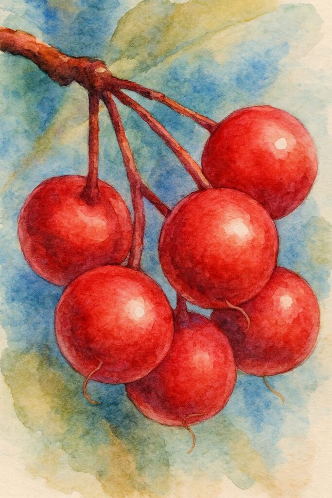 青空を背景にした真っ赤なマンリョウの実を柔らかいタッチで描いた水彩画風イラスト