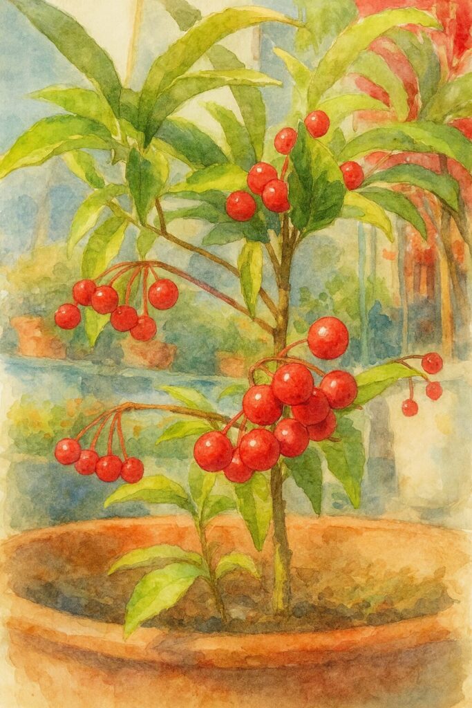 鉢植えのマンリョウに実る赤い実と緑の葉を柔らかな色合いで描いた水彩画風の植物イラスト