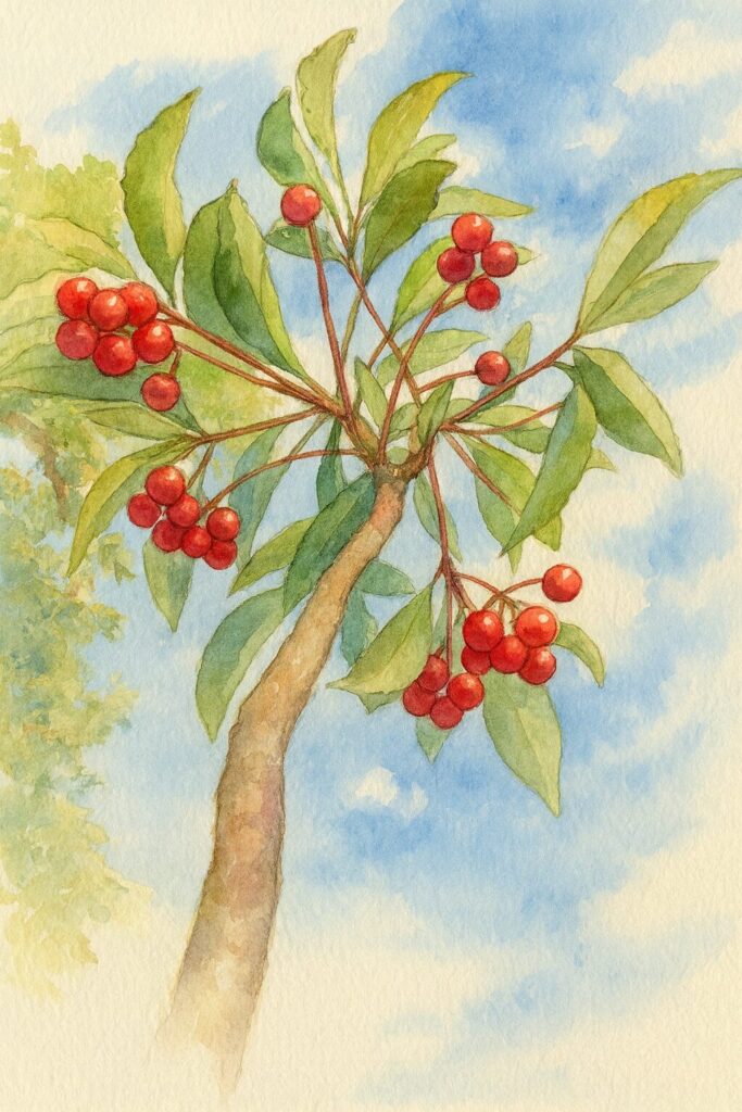 青空に向かって伸びるマンリョウの枝と赤い実を柔らかな彩色で描いた水彩画風イラスト