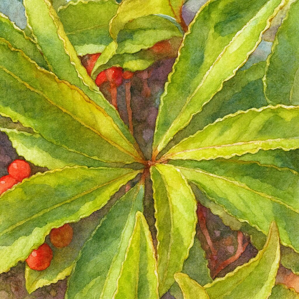 放射状に広がる緑の葉と、間から見える赤い実を柔らかな筆致で描いた水彩画風のマンリョウのイラスト