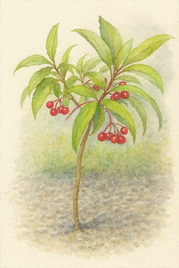 砂利の上に立つ細幹のマンリョウと、枝先に実る赤い実と葉を柔らかいタッチで描いた水彩画風イラスト