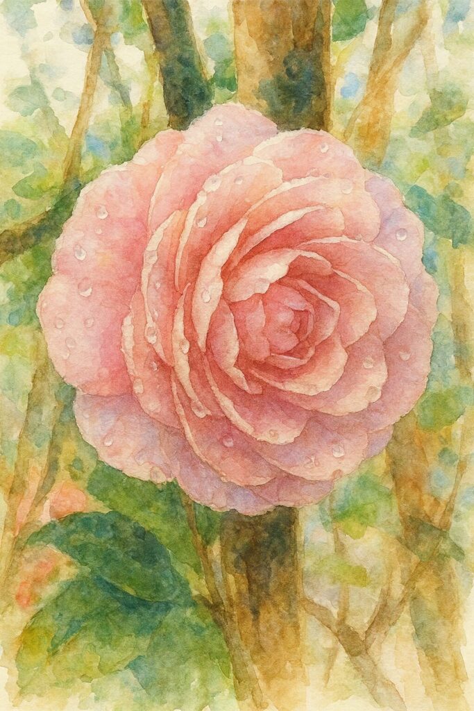 淡いピンクのツバキが水彩画風に描かれたイラスト。花びらに水滴が残る繊細なボタニカルアート