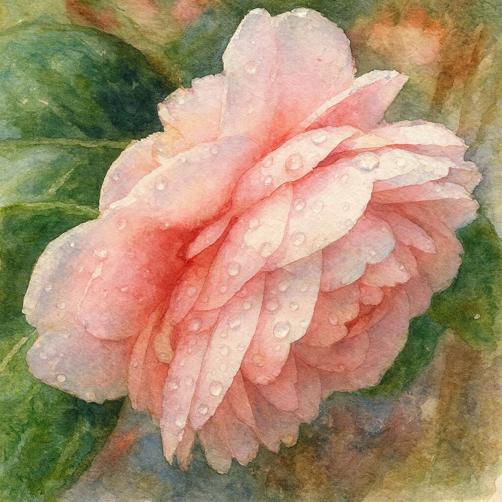 淡いピンクのツバキの花を水滴ごと繊細に描いた水彩画風イラスト。柔らかいボタニカルアート