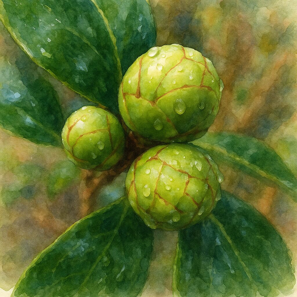 雨粒のついた緑色のツバキのつぼみ3つを水彩画で繊細に描いたボタニカルアート