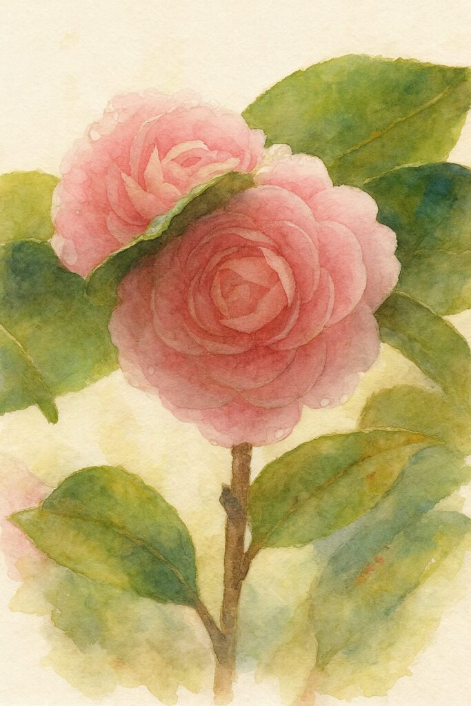 淡いピンクの八重咲きツバキ2輪を柔らかなタッチで描いた水彩画風イラスト