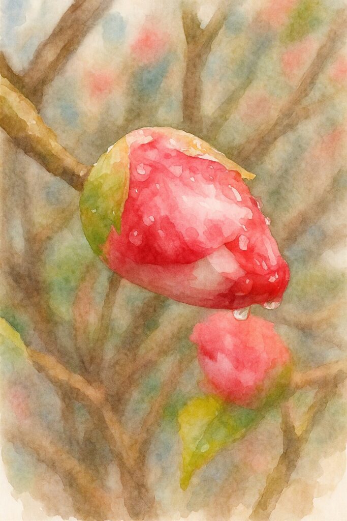 赤と白の絞り模様のツバキのつぼみを繊細な水彩画で描いたボタニカルイラスト