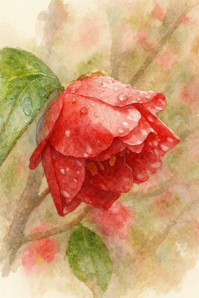 赤い花弁に白い絞り模様が入ったツバキの花を水彩画で柔らかく表現したイラスト