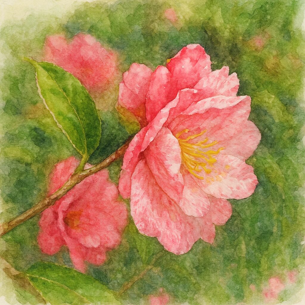 ピンクと白の斑模様が美しいツバキの花を水彩画で繊細に描いたボタニカルアート