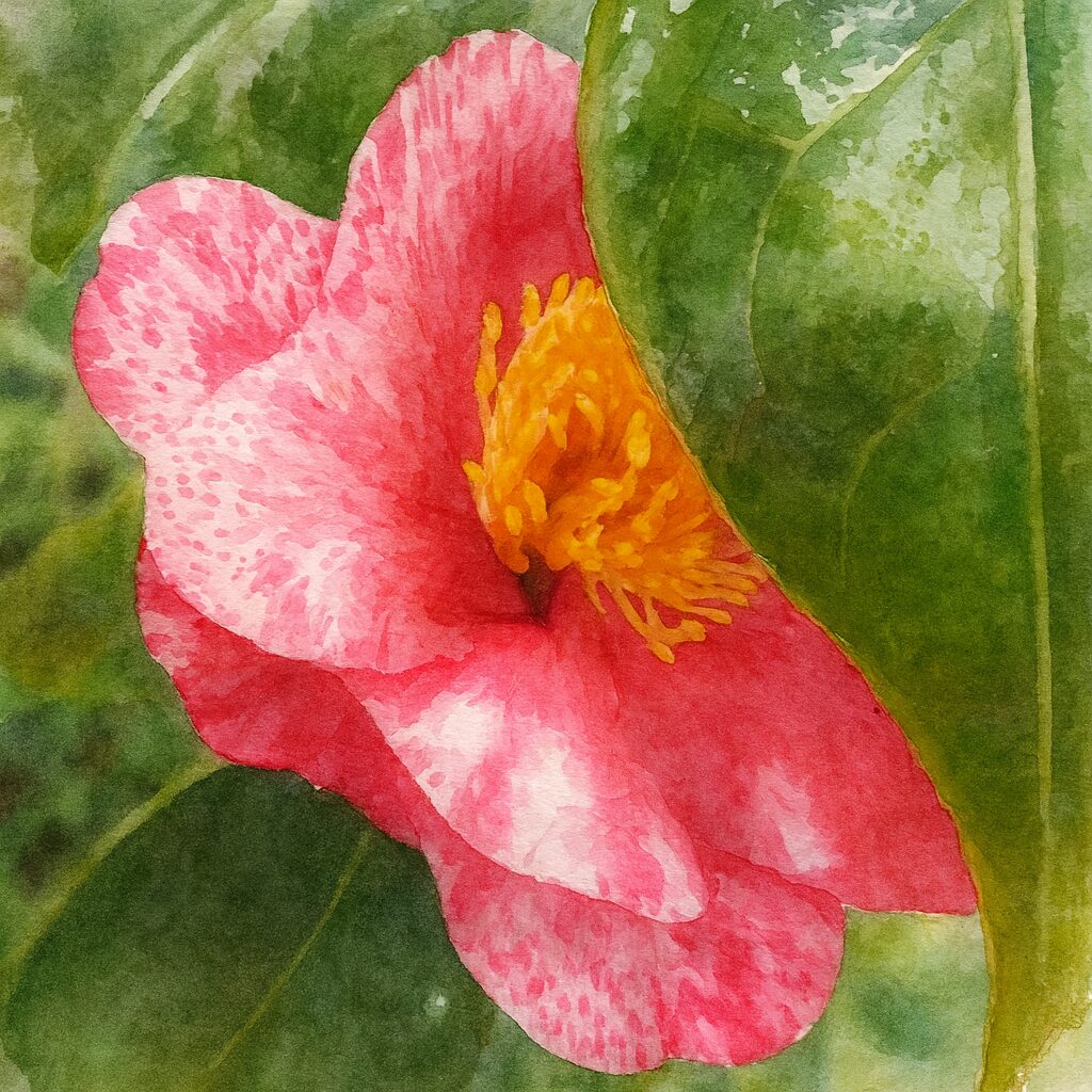 赤と白の絞り模様と黄色い雄しべが特徴のツバキを葉の陰から描いた水彩画風イラスト