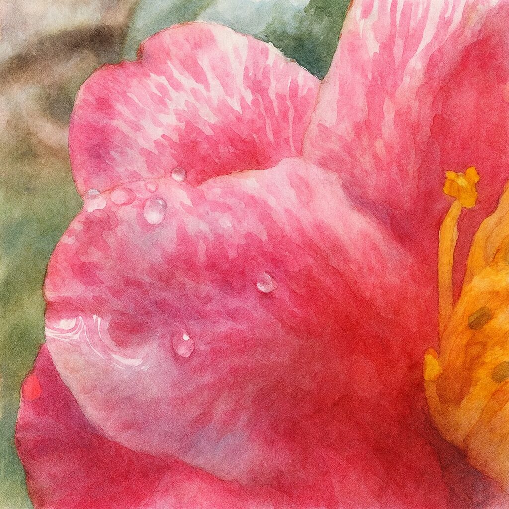 赤と白の絞り模様のツバキ花びらを雨粒と黄色い雄しべとともに描いた水彩画風の極端なクローズアップイラスト