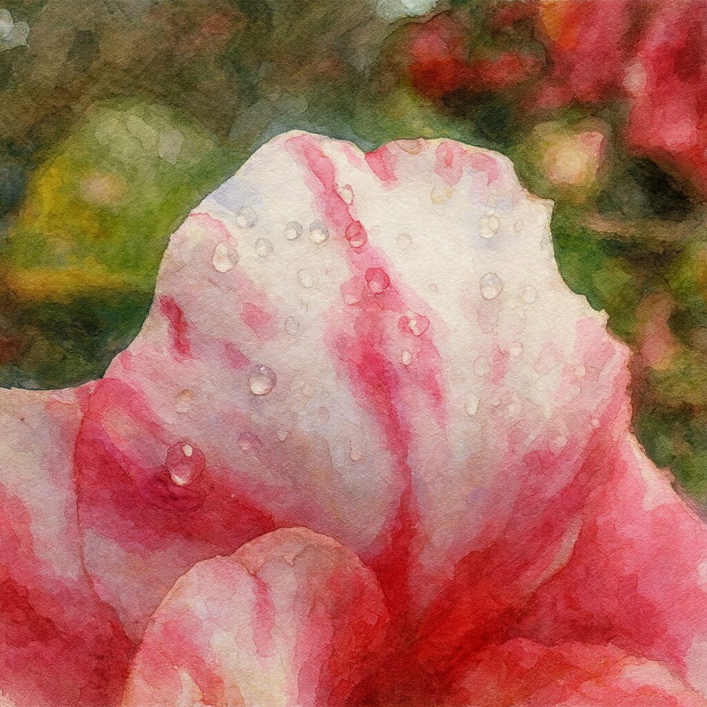 白地にピンクの絞り模様が入ったツバキ花びらを雨粒とともに描いた水彩画風のクローズアップイラスト
