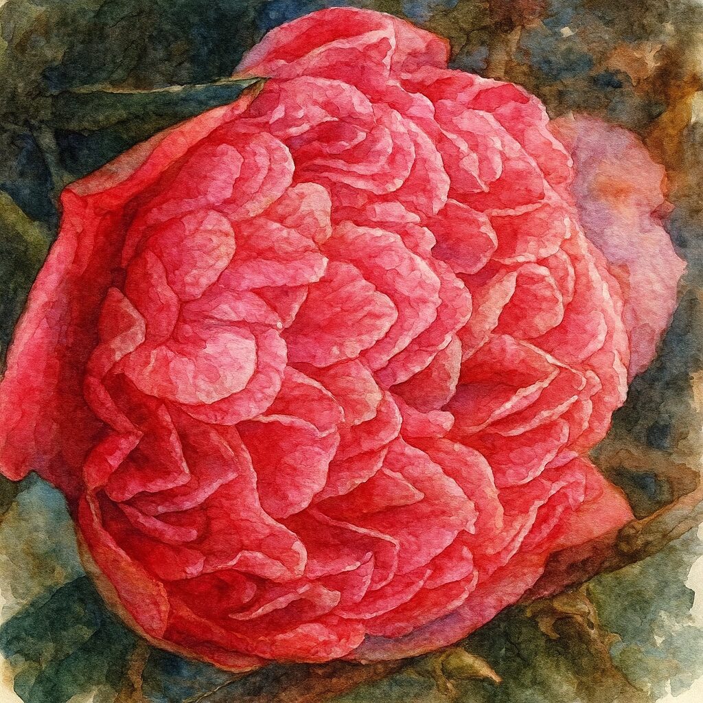 濃いピンク色の八重咲きツバキの細かな花びらを描いた水彩画風イラスト