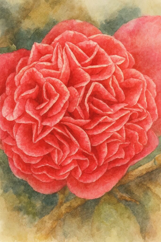 濃いピンク色の八重咲きツバキの細かな花びらを描いた水彩画風イラスト