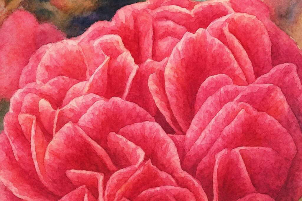 濃いピンク色の八重咲きツバキの複雑に重なる花びらを描いた水彩画風のクローズアップイラスト