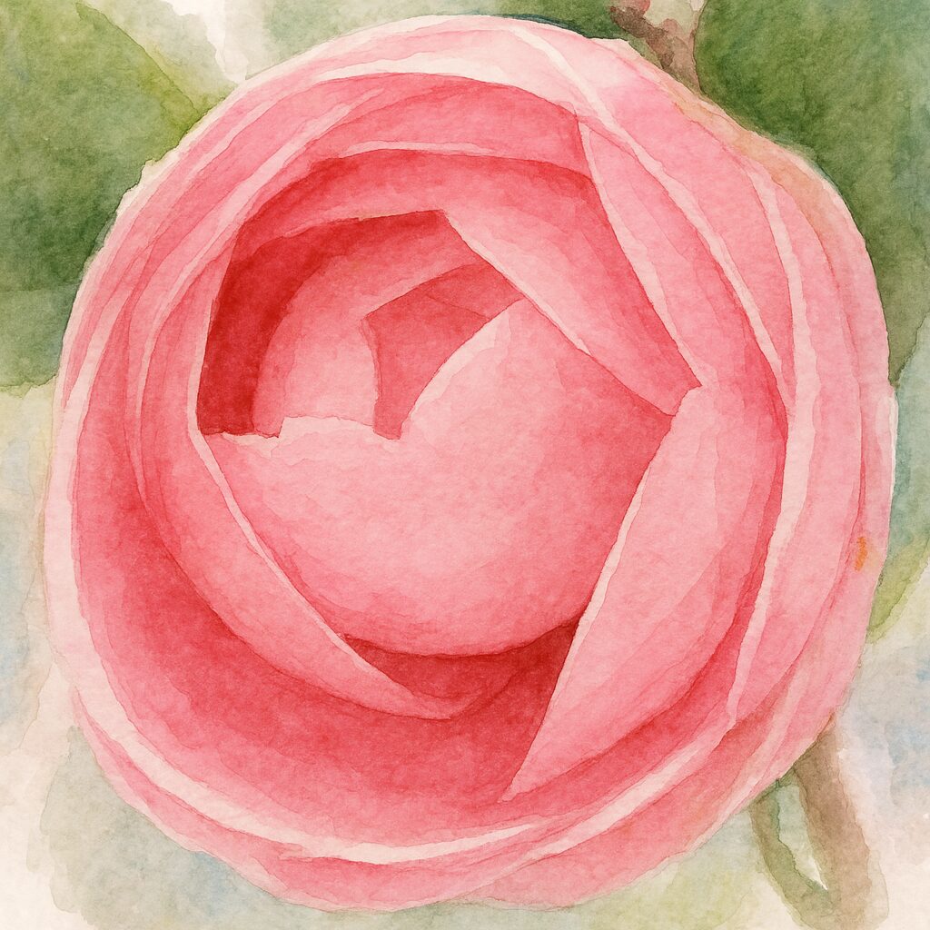 薄紅色のツバキが花弁を巻くように開く姿を描いた水彩画風イラスト