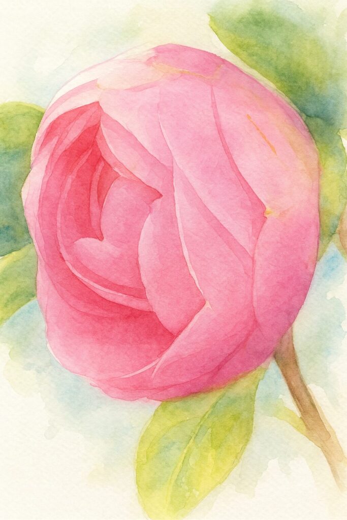 薄紅色のツバキのふっくらとした花弁を柔らかく描いた水彩画風イラスト