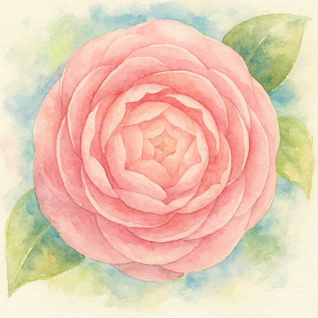 薄紅色のツバキが幾重にも重なる花弁で丸く咲く姿を描いた水彩画風イラスト