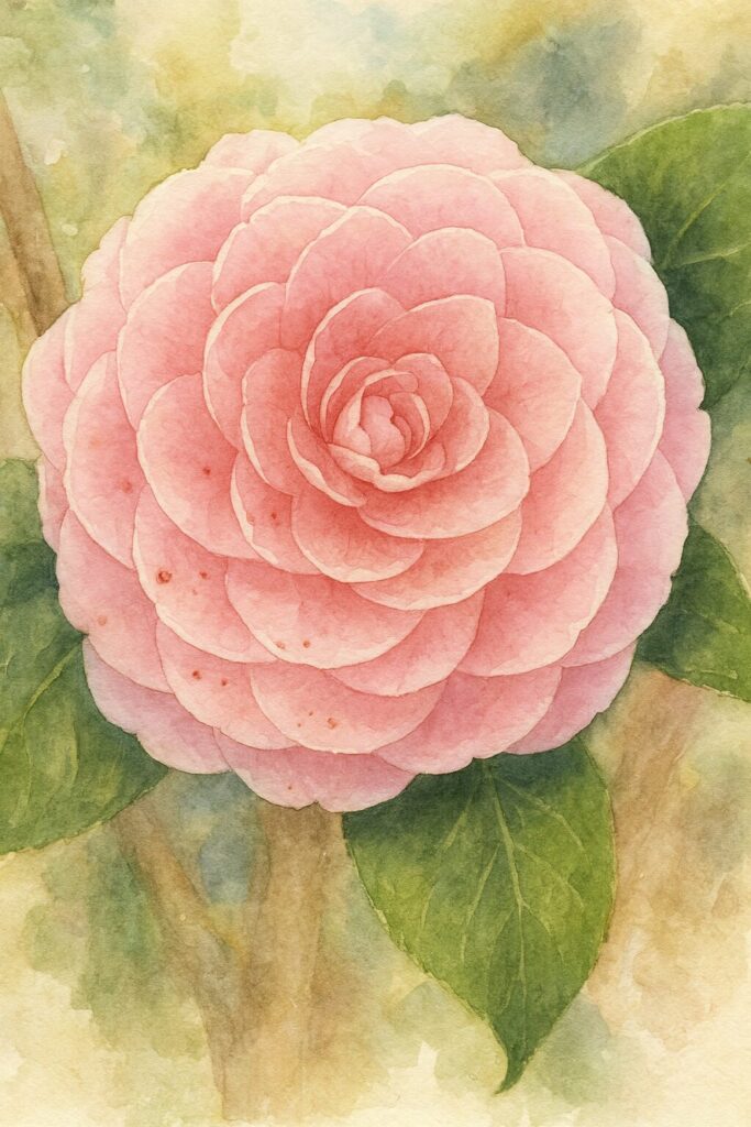 薄紅色のツバキが規則的に重なる花弁で丸く咲く様子を描いた水彩画風イラスト