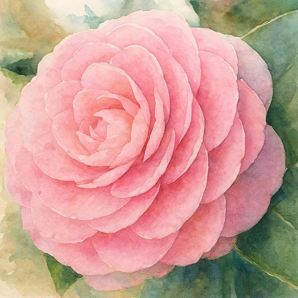 薄紅色のツバキが重なり合う花弁の柔らかな質感と丸みを描いた水彩画風イラスト