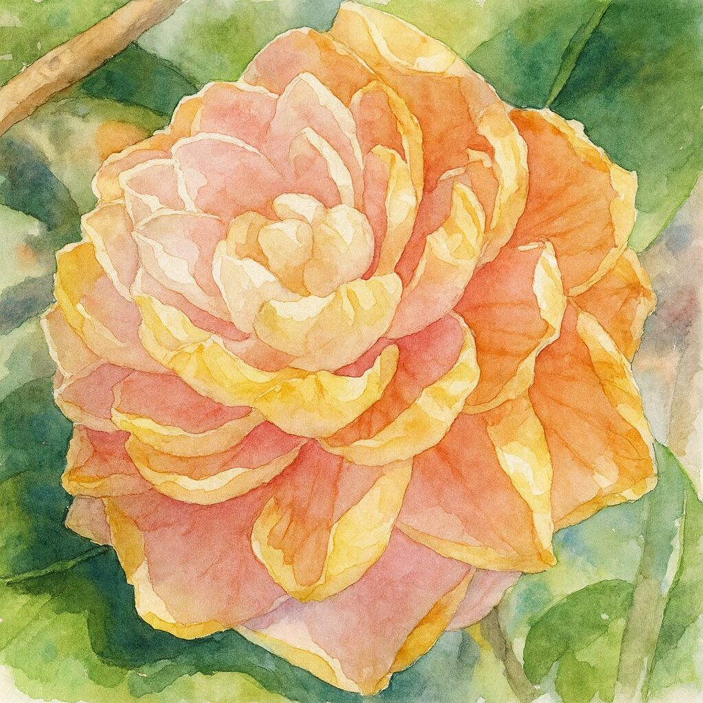 淡いピンクとクリーム色の花びらが重なるツバキの花を柔らかいタッチで描いた水彩画風イラスト