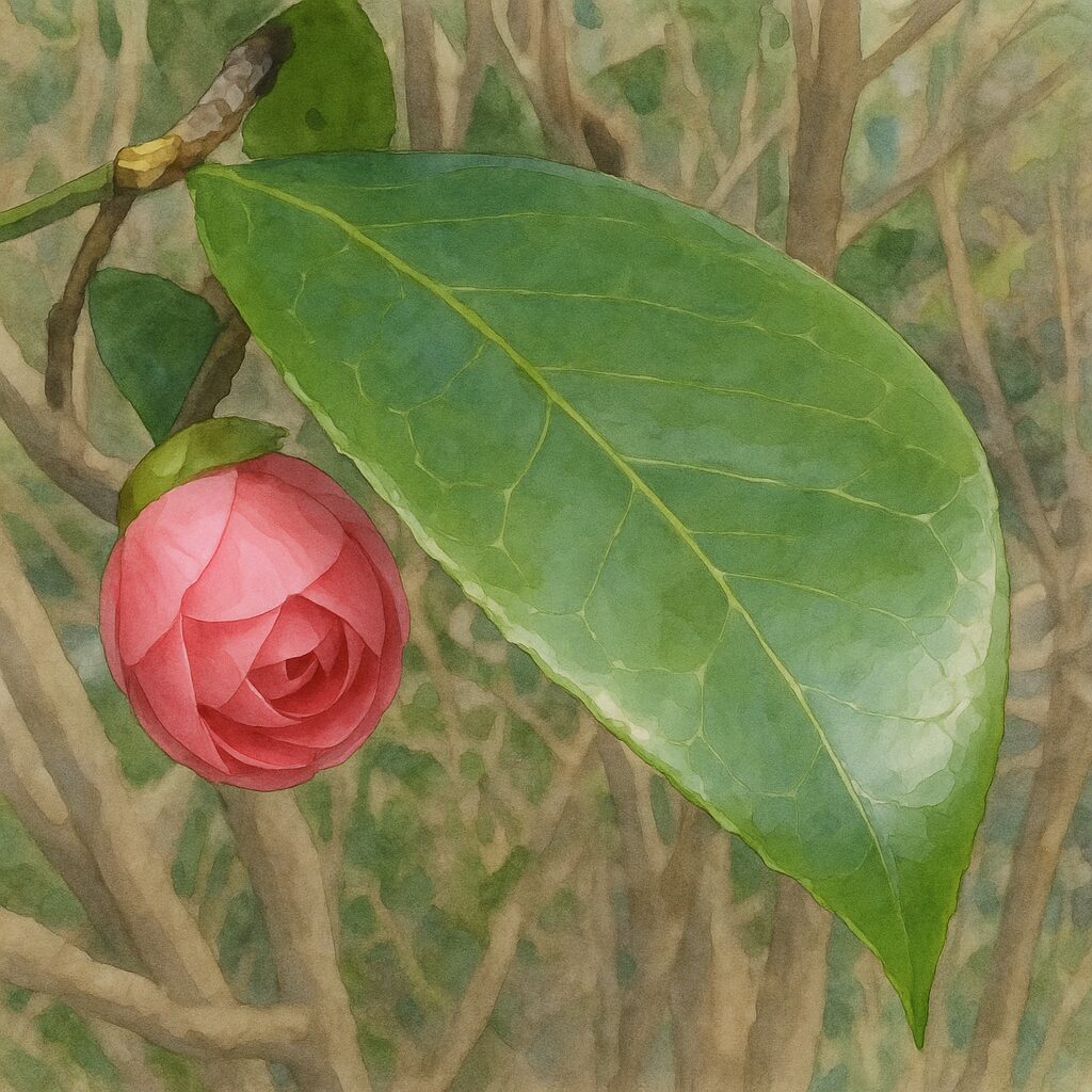 光沢のある緑の葉の陰から薄紅色のツバキのつぼみが顔を出す様子を描いた水彩画風イラスト