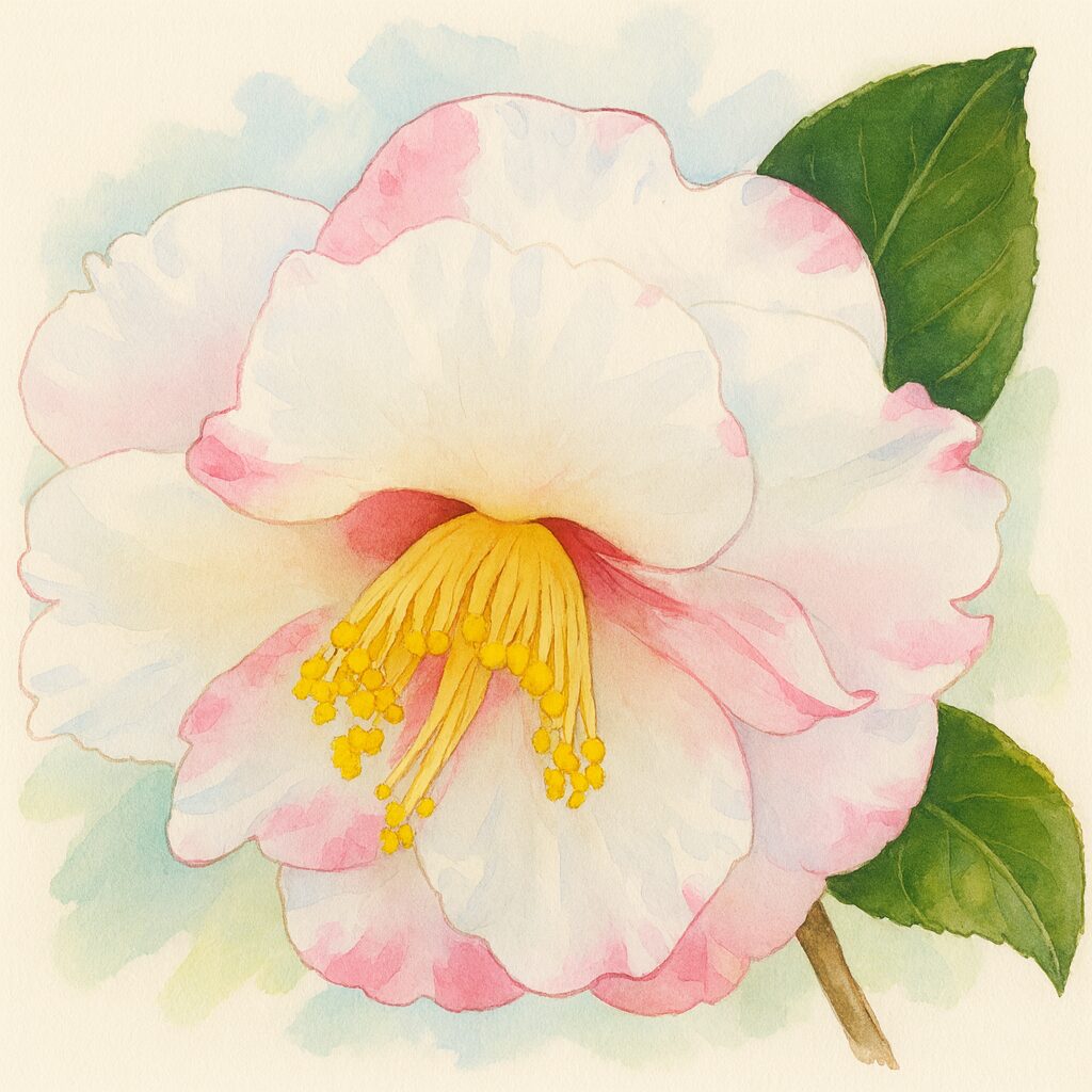 白地にピンクの縁取りが入ったツバキの花を描いた水彩画風イラスト。中央に黄色いしべがある