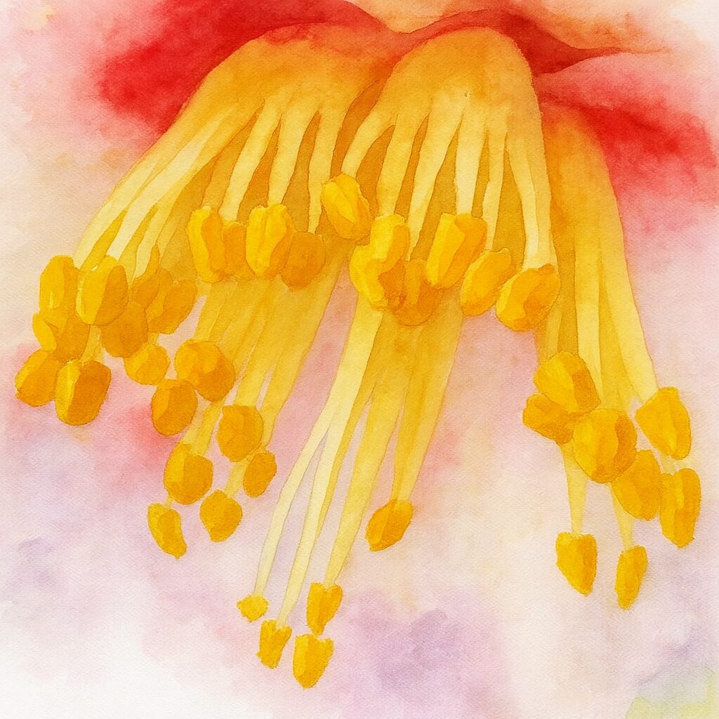 ツバキの雄しべを大きく描いた水彩画風イラスト。黄色い花粉と花糸の繊細な質感を柔らかなタッチで表現