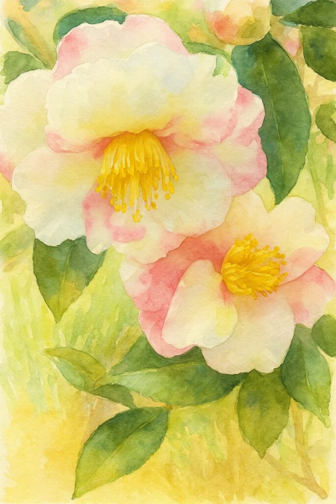 白地にピンクの覆輪模様が入ったツバキの花を2輪描いた水彩画風イラスト。柔らかなタッチで雄しべと花びらを表現