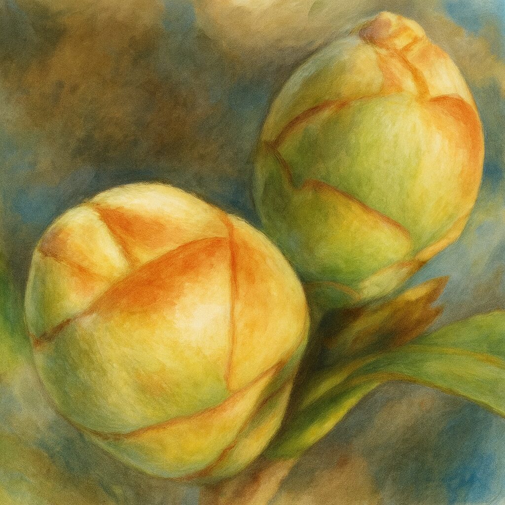 ツバキの花芽を2つ描いた水彩画風イラスト。産毛の質感と黄緑・橙色の柔らかな色合いを繊細に表現した構図