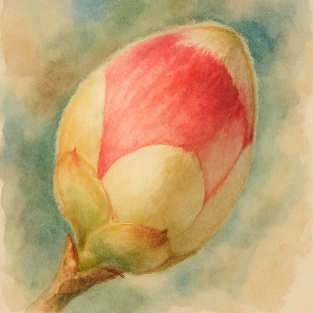 赤とクリーム色のグラデーションが美しいツバキのつぼみを描いた水彩画風イラスト。柔らかな産毛の質感まで丁寧に表現した植物画