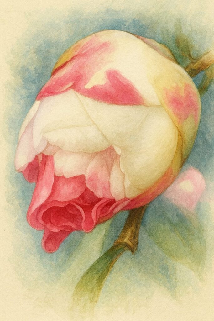 白からピンクへグラデーションするツバキのつぼみを描いた水彩画風イラスト。先端の濃いピンクと柔らかな花弁の質感を表現