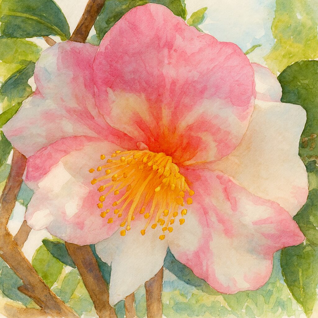 白とピンクの絞り模様が美しいツバキの花を描いた水彩画風イラスト。中央の黄色い雄しべを柔らかい筆致で表現