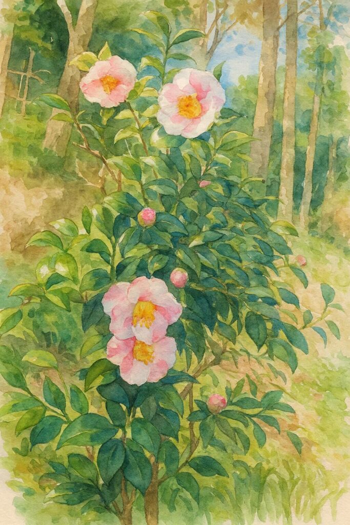 山の風景を背景にしたピンクと白のツバキの水彩画イラスト