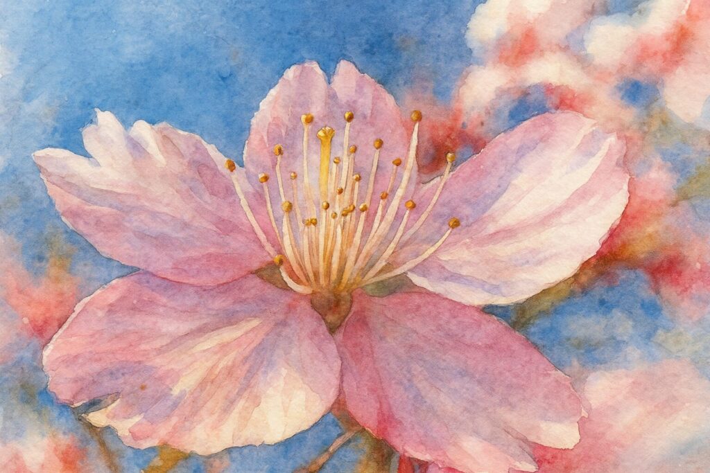 青空を背景にしたカワズザクラの花を描いた水彩画風イラスト。柔らかなピンク色の花弁と細い雄しべが繊細に描かれた桜の絵