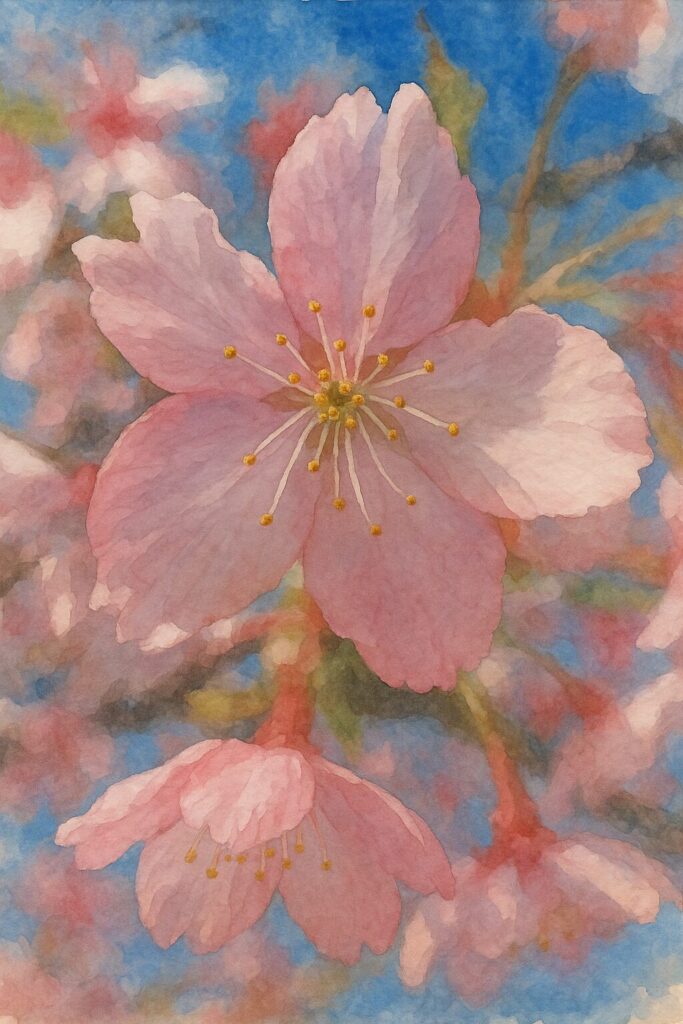 青空を背景に咲くカワズザクラを描いた水彩画風イラスト。淡いピンクの花弁と長い雄しべが柔らかなタッチで表現された桜の絵
