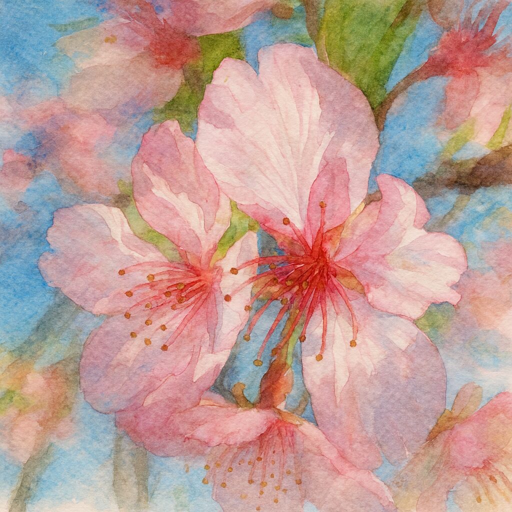 青空を背景に咲くカワズザクラを描いた水彩画風イラスト。淡いピンクの花弁と赤い雄しべが柔らかいタッチで表現された桜の絵