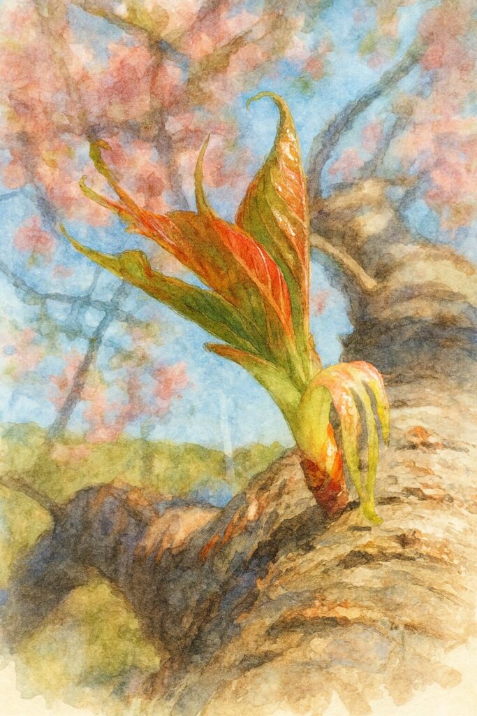 青空とカワズザクラを背景に、桜の幹から伸びる新芽を描いた水彩画風イラスト。赤みを帯びた若葉と鮮やかな緑が柔らかい筆致で表現された春の芽吹きの絵